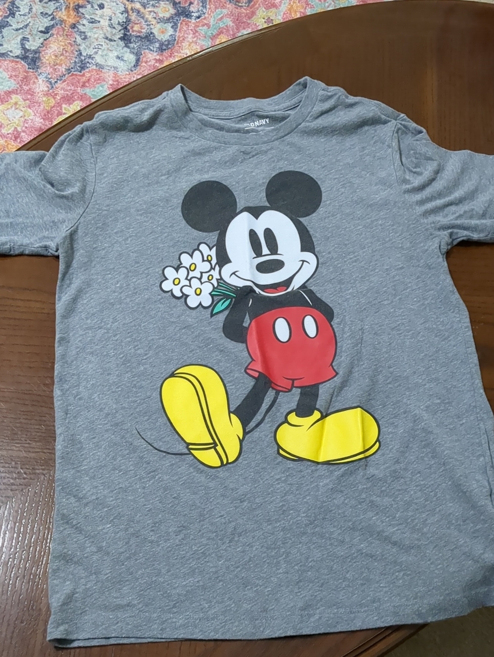 Old Navy Gray Mickey Mouse Graphic Tee with Red and Yellow Accents